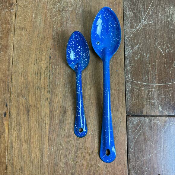 Vintage Blue White Speckled Enamel Graniteware Set of 2 Serving Cooking Spoons - Picture 1 of 7
